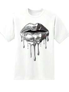 "Under The Radar" Graphic T-Shirt With Silver Lips Design, For Women, Casual Fashion, Summer Top, Urban Style, Designer T-Shirt For Daily Wear And Parties - Vintage Urban Style, Unisex, Cotton, Short Sleeve, Round Neck, Loose Fit. - 白色 - 查看 2