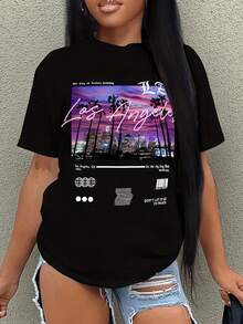 Camiseta Gráfica de Algodón Suave para Mujer, Corte Holgado, Estampado del Horizonte de Los Ángeles al Atardecer, Transpirable y Cómoda, Cuello Redondo Casual, Ideal para Uso Diario, Estilo  Oeste y Atuendos Inspirados en Viajes - Negro - Ver 6
