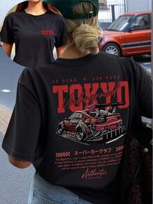 Camiseta Casual Negra para Mujer con Estampado de Coche Subterráneo de Tokio, Manga Corta con Hombros Caídos y Cuello Redondo para Ropa Urbana NBK9 - Negro - Ver 7