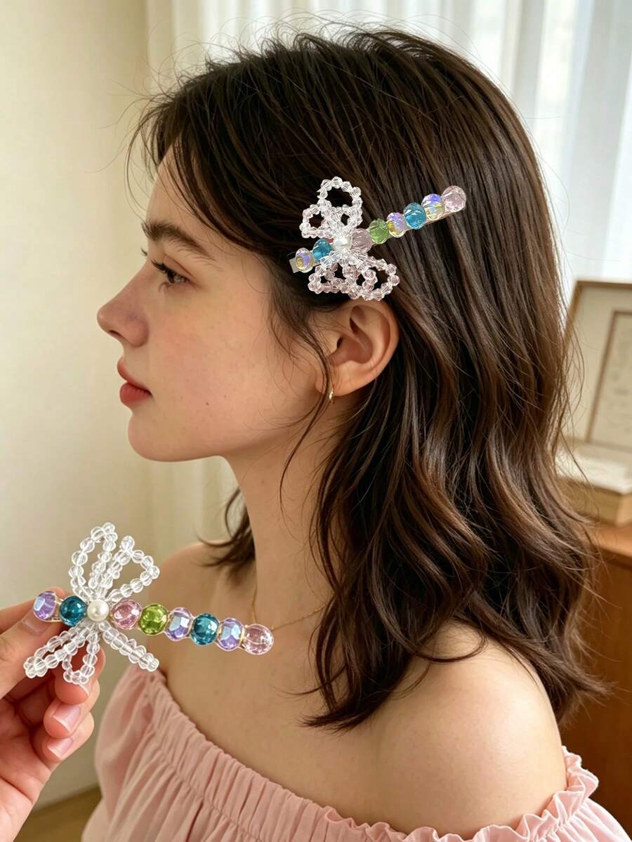 1個水晶蝴蝶結髮夾，仙氣少女風側瀏海髮飾髮卡 - 彩色 - 查看 1