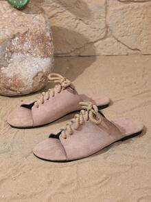 Sandalias de mujer con cordones calados, sandalias romanas planas, para playa, elegantes, gráciles, de resort, de moda, bohemias, casuales, sexys, de tela calada, sandalias planas, de verano - Rosa Pálido - Ver 3