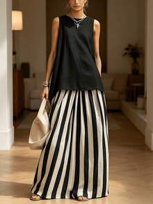 Plus Size Women's Minimalist Black Vest And Black And White Striped Dress Two-Piece Set, Loose Version Summer Wear, Suitable For Beach And Daily Life - Màu xanh lam - Xem 4