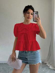 Blusa con volantes y mangas abullonadas con lazo en la parte delantera - Rojo - Ver 3