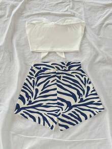 Conjunto de 2 piezas de estilo casual de vacaciones con shorts de estampado de cebra en color albaricoque y verde, y top bandeau negro, adecuado para vacaciones de verano - Multicolor 3 - Ver 2