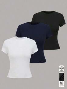 1 pieza Camiseta de manga corta informal de unicolor para mujer - Multicolor 12 - Ver 1