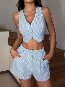 Conjunto de chaleco sin mangas y pantalones cortos a rayas azul y blanco, apto para primavera/verano y otoño/invierno - Azul y blanco - Ver 5