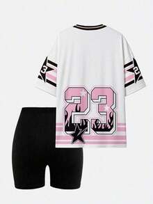 Conjunto de camiseta y pantalones cortos de ciclista con estampado gráfico de número 13 y eslogan, de moda casual para mujer - Multicolor 4 - Ver 2
