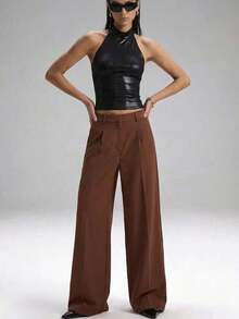 Pantalones casuales y versátiles de cintura alta con pierna ancha de unicolor - Café integral - Ver 5