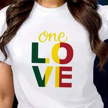 Camiseta Casual con Estampado de Letras "ONE LOVE", Cuello Redondo y Manga Corta para Primavera y Verano, Ropa de Mujer, Camiseta de Algodón - Blanco - Ver 3
