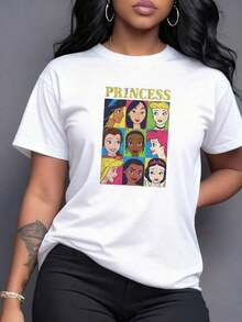 Retrato colorido de princesas clásicas que simbolizan fuerza diversidad y sueños mágicos en un estilo artístico pop moderno camiseta de mujer casual cómoda,Camiseta de mujer elegante. - Blanco - Ver 1