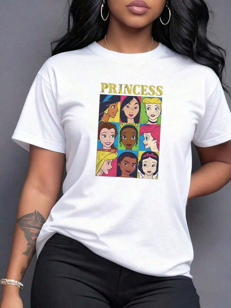 Retrato colorido de princesas clásicas que simbolizan fuerza diversidad y sueños mágicos en un estilo artístico pop moderno camiseta de mujer casual cómoda,Camiseta de mujer elegante. - Blanco - Ver 1