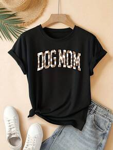 Women's Plus Size "Dog Mom" T-Shirt With Paw Print And Puppy - Lightweight And Breathable Short Sleeve Crew Neck, Machine Washable, Casual Clothing For Pet Lovers, Spring, Summer And Beach, Puppy And Paw Print T-Shirt For Dog Owners - Black - View 2