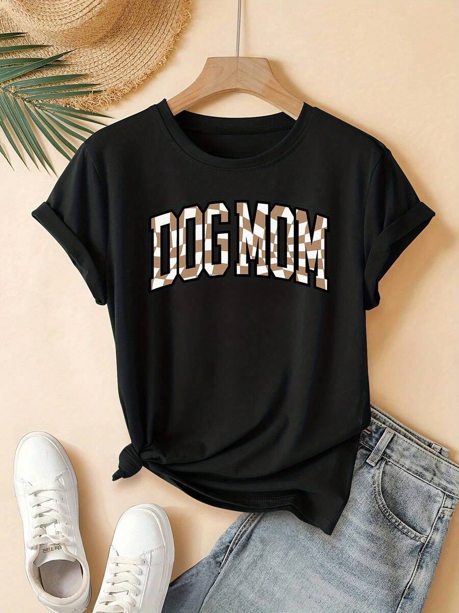 Women's Plus Size "Dog Mom" T-Shirt With Paw Print And Puppy - Lightweight And Breathable Short Sleeve Crew Neck, Machine Washable, Casual Clothing For Pet Lovers, Spring, Summer And Beach, Puppy And Paw Print T-Shirt For Dog Owners