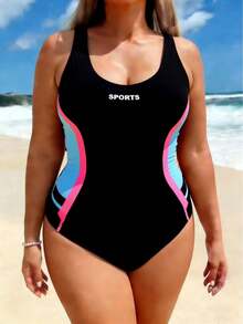 Traje de baño de una pieza de talla grande para mujer, estampado, para mujeres con curvas, que realza la figura, estilo deportivo. - Degradado azul - Ver 8