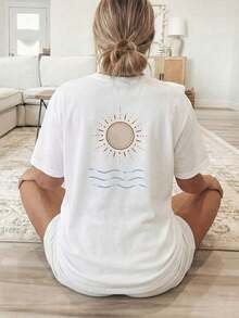 Plus Size, Short Sleeve [Double-Sided Print] Women's Loose Fit Spring/Summer Casual Clothing, Short Sleeve Crew Neck T-Shirt With Sun And Wave Print, 100% Cotton - 白色 - 查看 3