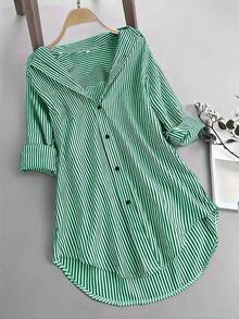 Camisa de mujer de solapa única con rayas y bajo irregular, blusas de manga larga - Verde - Ver 1