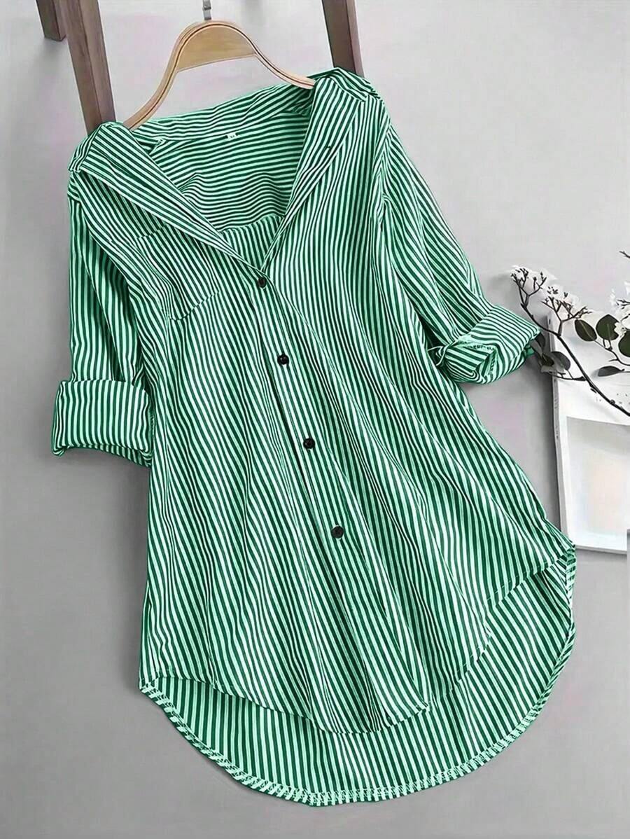 Camisa de mujer de solapa única con rayas y bajo irregular, blusas de manga larga - Verde - Ver 1