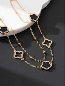 1pc Luxury Hollow Four-Leaf Clover & Three-Leaf Clover Double Layer Necklace For Women (Hand-Cut Beads Quantity May Vary, Fixed Length) - Gold - View 2