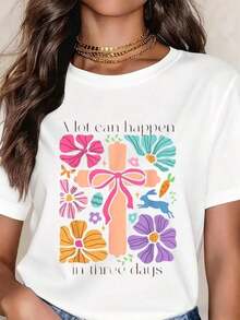CasualEast Women's Short Sleeve T-Shirt With Cross Design And Christian Easter Theme, Modern And Casual, Round Neck And Loose Fit. - 白色 - 查看 6