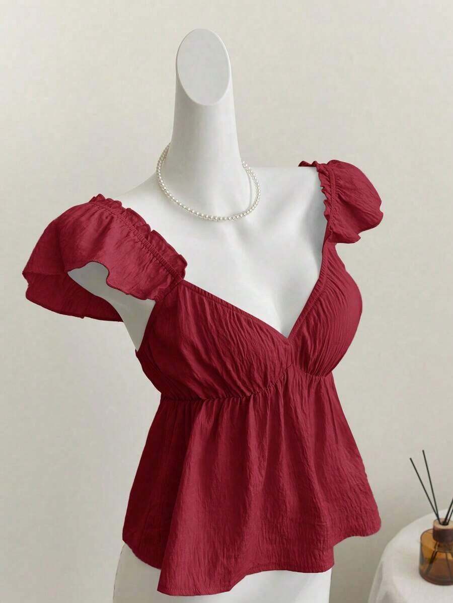 Top corto de camisola con escote bajo y espalda descubierta, con manga tipo gorra y volantes en azul, diseño sexy - Burdeos - Ver 1