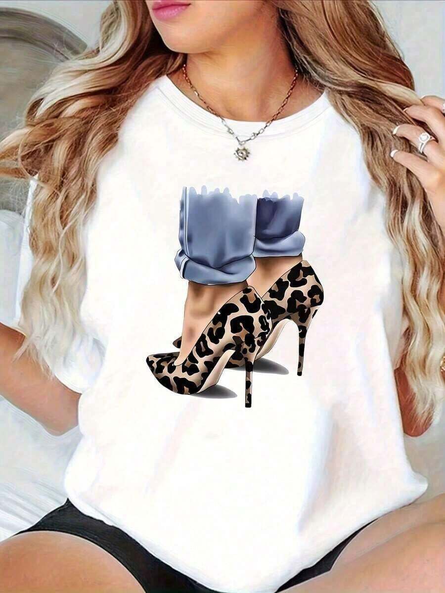Camiseta de Algodón para Mujer, 180 g/m², 100% Algodón, Cuello Redondo, Corte Casual y Relajado, Estampada, Estilo Femenino, Blanca, Transpirable y Cómoda - Blanco - Ver 1