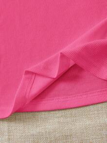Set de 2 tops de camiseta de cuello redondo ajustados de tela acanalada en negro y rojo rosa, apropiados para verano con mangas con volantes, adecuados para salir - Multicolor 8 - Ver 5