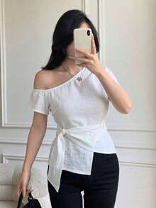 Blusa casual de ajuste ceñido con diseño de cuello con nudo en los hombros elegante para mujeres - Blanco - Ver 1