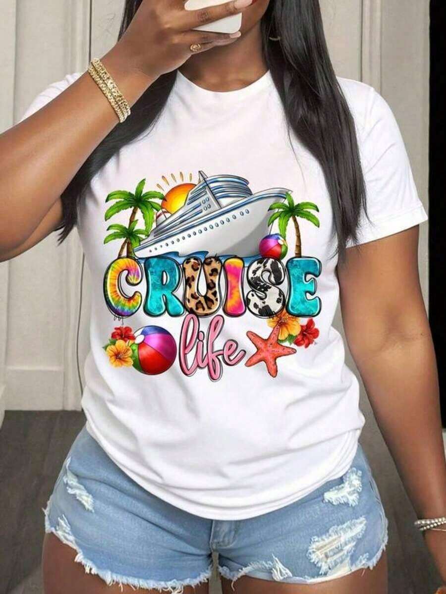 1 Piece Of Women's T-Shirt 100% Cotton With Tropical Palm Tree And Cruise Ship Print, Round Neck, Ideal For Summer Ocean Getaways And Beach Adventures, 180g 100% Cotton. - 白色 - 查看 1