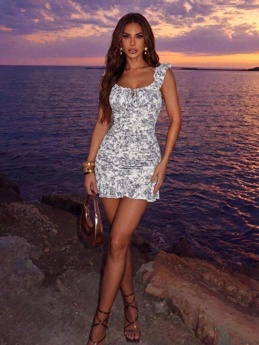 Vestido con estampado floral, volantes y bajo sexy para mujer - Albaricoque - Ver 1