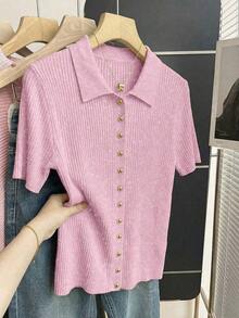 Nueva Camisa Polo Casual de Verano, Holgada, Versátil, Minimalista, Elegante y Suave, Adecuada para Oficina, Trabajo, Viajes Diarios, Diseño con Botones Metálicos, Corte Ajustado, Discreta, Unisex, Cárdigan Extremadamente Sencillo para Mujer - Rosa - Ver 8