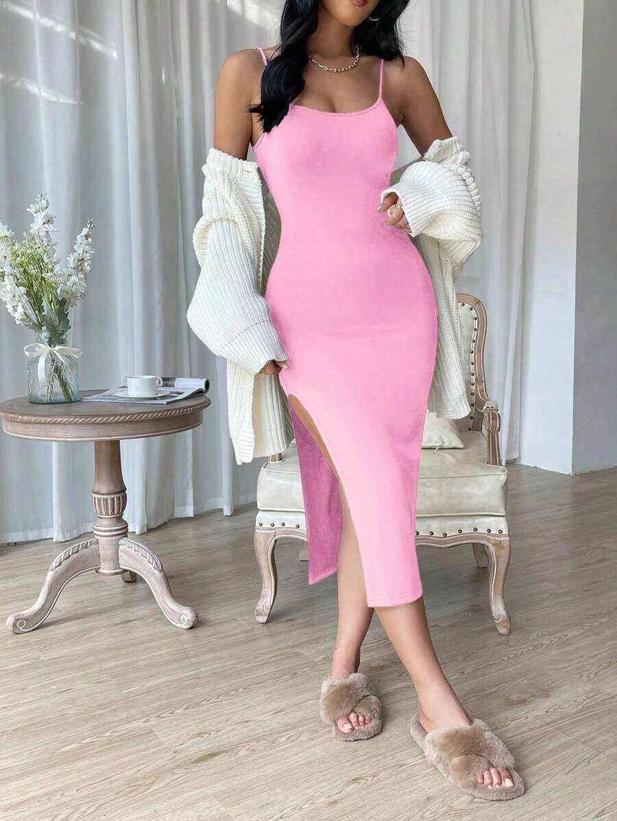 Vestido de espalda abierta de muslo con abertura - Rosa - Ver 1