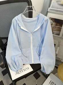 Chaqueta con capucha ligera y casual con cremallera para protección solar, adecuada para primavera y verano - Azul - Ver 3