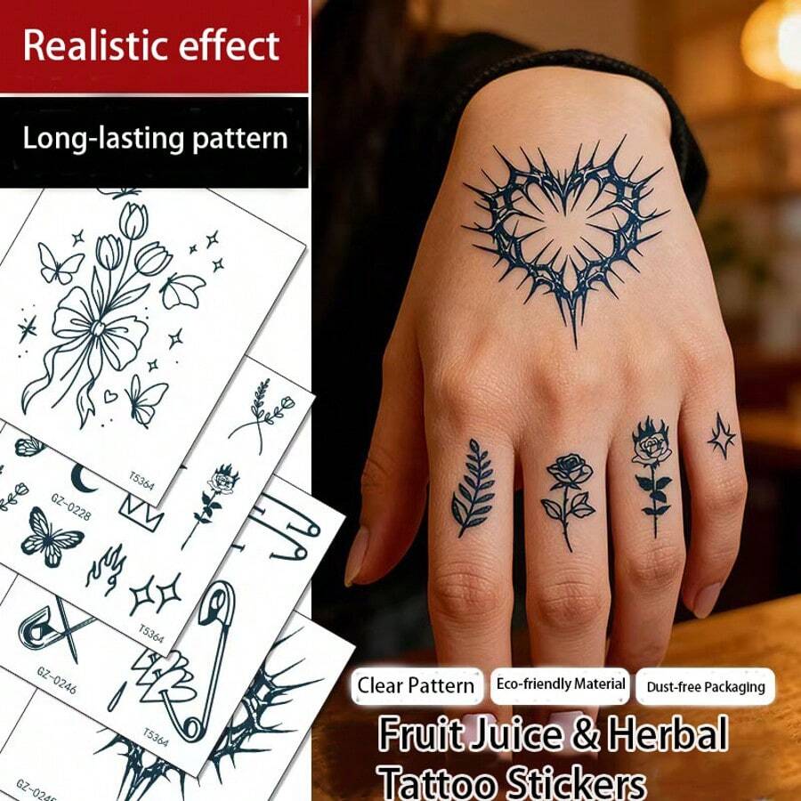 10pcs Herbal Juice Temporary Tattoo Stickers, Realistic Effect, Durable Pattern, Suitable For Men & Women, Letter, Butterfly, Heart, Moon Designs, Applicable For Dates, Carnival Parties