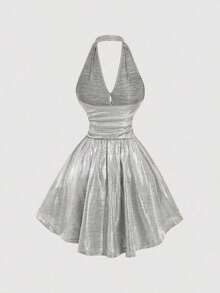 Vestido de fiesta elegante de mujer con estampado de cerezas, escote halter, espalda descubierta y cintura fruncida - Plateado - Ver 3