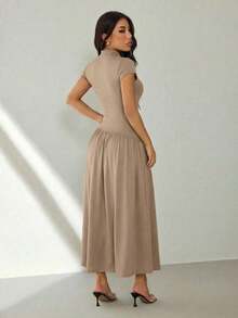 Vestido casual largo plisado de manga abullonada y cuello alto en unicolor para mujer, de verano - Caqui - Ver 2
