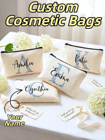 Premium Custom Bridesmaid Cosmetic Bags, Thick Durable High-Grade Canvas Personalized Name & Initial Makeup Pouches, Reusable Sturdy Zipper Travel Toiletry Organizer, Perfect For Bridesmaid Proposal Gifts, Bachelorette Party, Wedding Day, Birthday, Mother's Day & Graduation Season