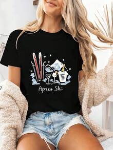 Camiseta casual de verano con un tema relajado para después del esquí, con estampado de motivos relacionados con el esquí y el vino, camiseta de manga corta de cuello redondo para mujer, ideal para primavera-verano. - Negro - Ver 7