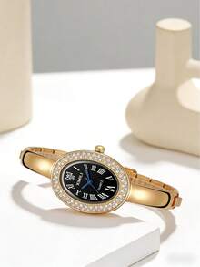 GUANQIN Relógio feminino vintage de luxo, tamanho pequeno, dourado, com mostrador oval cravejado de strass. Design minimalista, elegante e à prova d'água, em aço inoxidável com mecanismo de quartzo. Ideal para uso diário, aniversários, Halloween, Natal, Dia das Mães, volta às aulas, aniversários de estudantes, feriados, Dia dos Namorados, encontros, ocasiões profissionais, festivais de música e casamentos. - Ouro - Ver 4