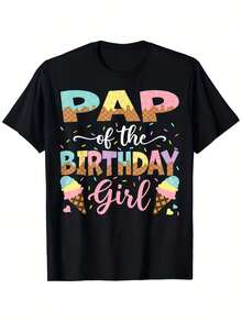 Camiseta para Hombre "Papá de la Celebrante del Cumpleaños" con Estampado de Helado y Pastel de Cumpleaños, 100% Algodón de 180g, Cuello Redondo Casual, Regalo Divertido y Original para Cumpleaños y Celebraciones - Negro - Ver 1