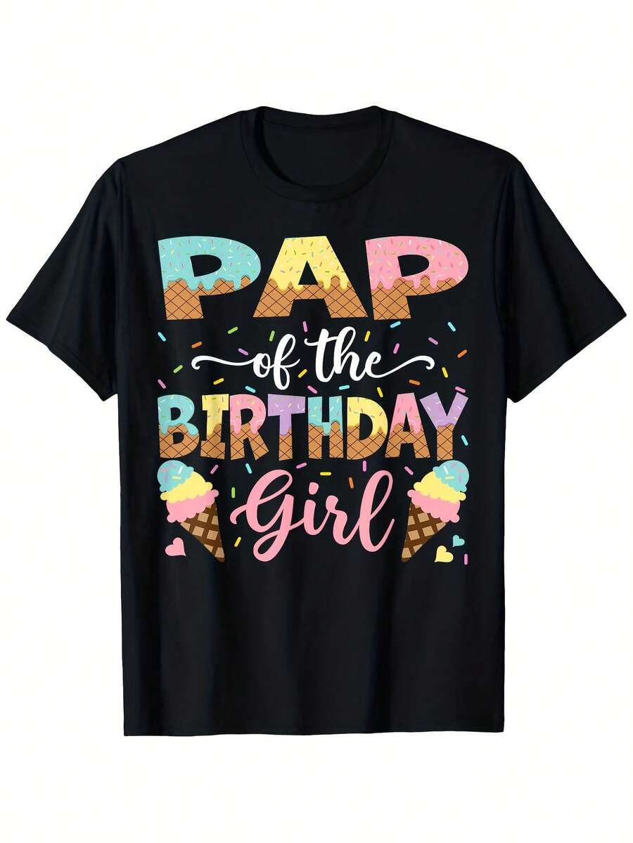Camiseta para Hombre "Papá de la Celebrante del Cumpleaños" con Estampado de Helado y Pastel de Cumpleaños, 100% Algodón de 180g, Cuello Redondo Casual, Regalo Divertido y Original para Cumpleaños y Celebraciones - Negro - Ver 1