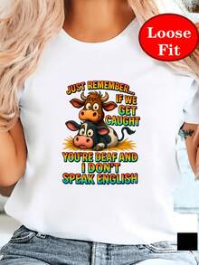 Camiseta de manga corta con cuello redondo y estampado divertido de vaca, top casual para primavera y verano, ropa de mujer de talla grande - Negro - Ver 3