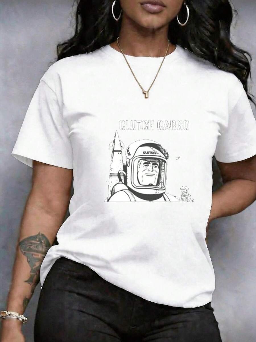 Women's T-Shirt With Leopard Print, Text, Astronaut And Rocket Design, Round Neck, Short Sleeves, Breathable Clothing, Casual Style, Short Sleeves And Round Neck Print, Casual Round Neck, Ideal For Training And Casual Wear, High-Quality Casual Top, Comfortable And Perfect For Casual Wear In Spring And Summer - 白色 - 查看 1