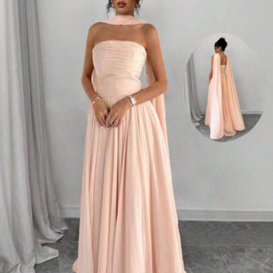 1pc Women Solid Color Halter Dress With Pleated Detail, Elegant Sleeveless Long Dress Maxi Women Outfit - Rosa vieja - Ver 1