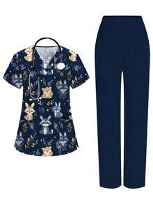 Conjunto de 2 piezas con top de manga corta con cuello en V blanco con bolsillo y diseño de oreja colgante, estampado de mariposa y flores, y pantalón recto para mujer, uniforme de enfermera de primavera/verano, conjunto casual, uniforme - Azul - Ver 1