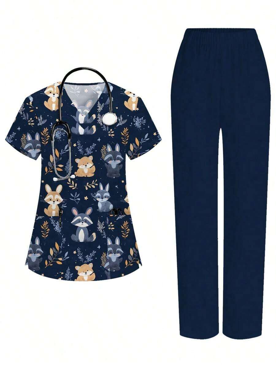 Conjunto de 2 piezas con top de manga corta con cuello en V blanco con bolsillo y diseño de oreja colgante, estampado de mariposa y flores, y pantalón recto para mujer, uniforme de enfermera de primavera/verano, conjunto casual, uniforme - Azul - Ver 1