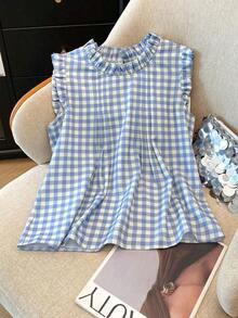 Camisas para mujer sencillas de uso casual/oficina con cuello con volantes, para primavera/verano - Azul y blanco - Ver 5