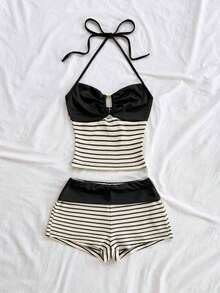 2 piezas Conjunto de camiseta de tirantes y pantalones cortos de punto a rayas con hebilla de metal, estilo casual de vacaciones, adecuado para fiesta, San Valentín, cita, discoteca, bohemio, vacaciones, otoño, ropa de mujer, vintage, días fest - Blanco y Negro - Ver 4