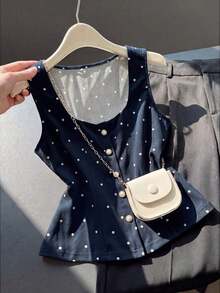 Elegante Blusa de Verano de Lunares Vintage con Decoración de Perlas para Mujer, Blusas Elegantes para Mujer, Atuendos de Trabajo para Mujer, Blusas de Verano para Mujer, Últimas Blusas Lindas para Mujer, Nuevos Llegados, Blusas Casuales El - Azul marino - Ver 4