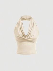 Camiseta de mujer de unicolor con pliegues, de estilo versátil - Albaricoque - Ver 5