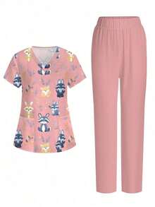 Conjunto de 2 piezas con top de manga corta con cuello en V blanco con bolsillo y diseño de oreja colgante, estampado de mariposa y flores, y pantalón recto para mujer, uniforme de enfermera de primavera/verano, conjunto casual, uniforme - Multicolor - Ver 5